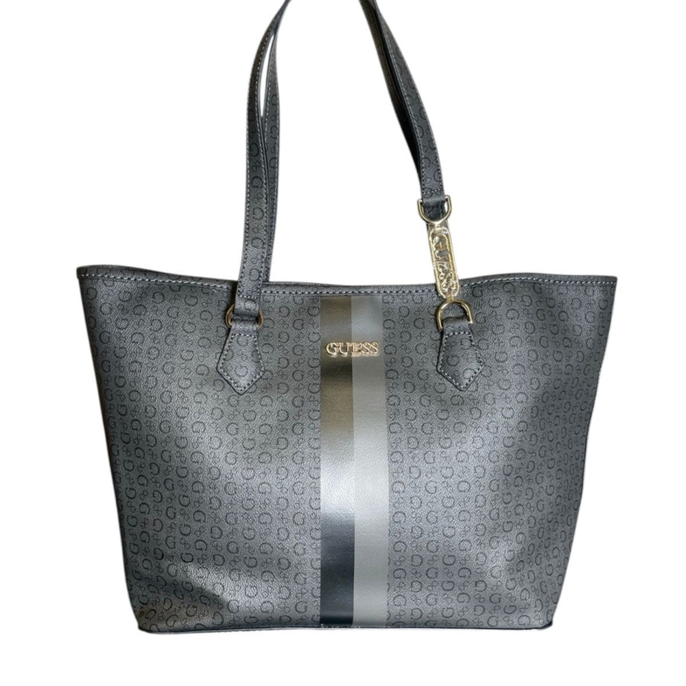 GUESS Grey Monogram Stripe Tote with Gold Accent